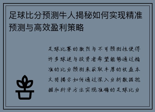 足球比分预测牛人揭秘如何实现精准预测与高效盈利策略