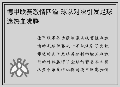 德甲联赛激情四溢 球队对决引发足球迷热血沸腾